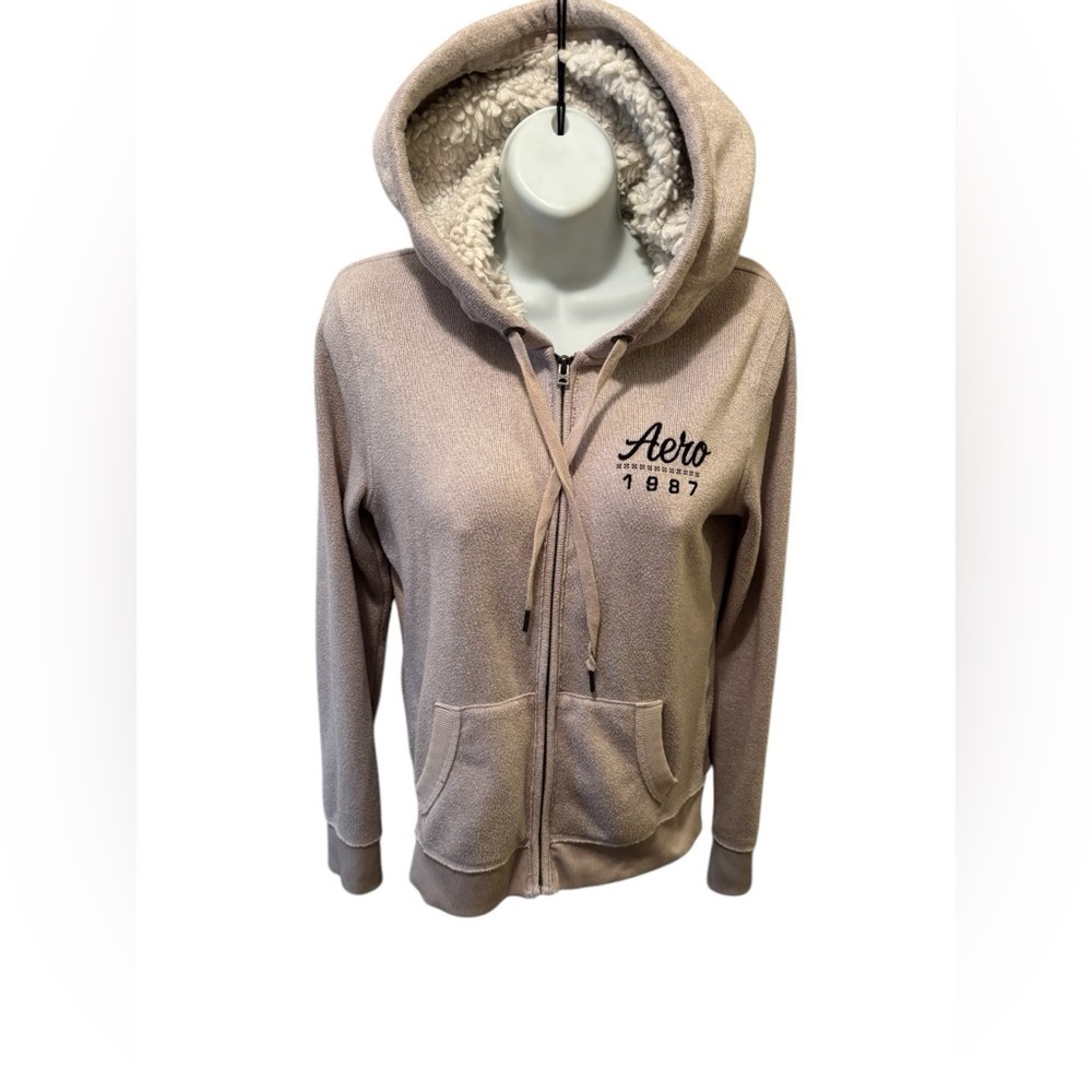 Aeropostale Y2K Fleece Sherpa Lined Hoodie Sweatshirt Sz M Full Zip Tan Cream